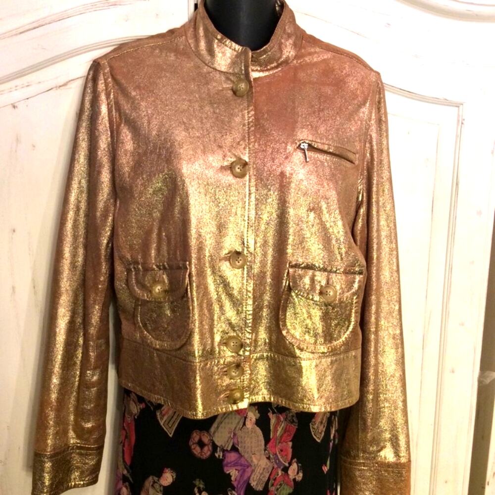 VINTAGE 90's GEORGE BY MARK EISEN GOLD FOIL LEATHER JACKET M